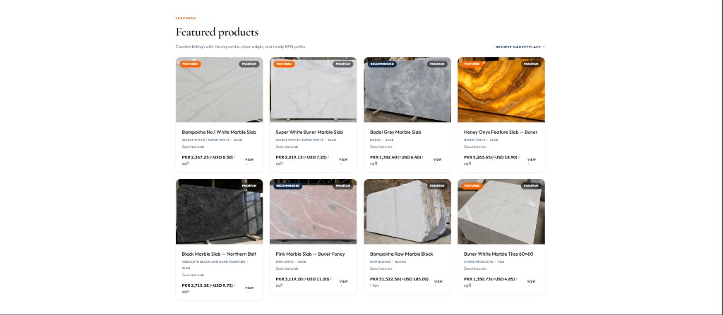 StoneVaults featured marble granite onyx products with RFQ pricing Pakistan