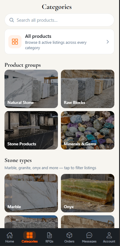 StoneVaults React Native categories product groups marble onyx raw blocks