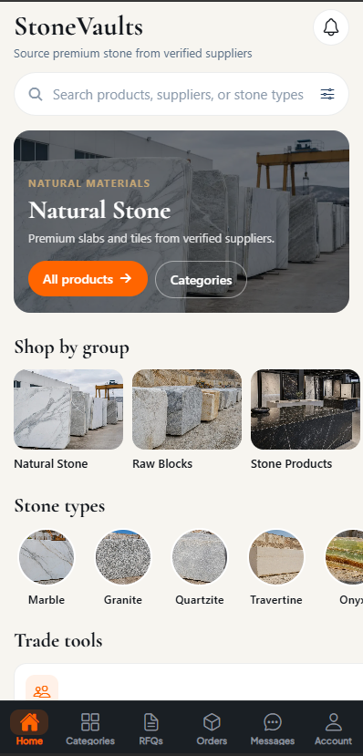 StoneVaults Mobile App — React Native B2B Stone Marketplace